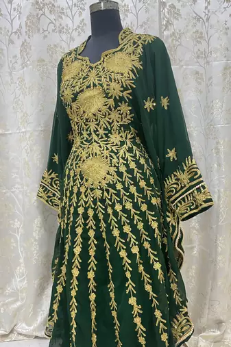 Grand Forest Green Kaftan Gown with Gold Aari & Stone Work | Wedding & Party Wear