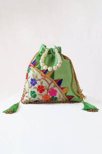 Green premium traditional indian silk round potli bag