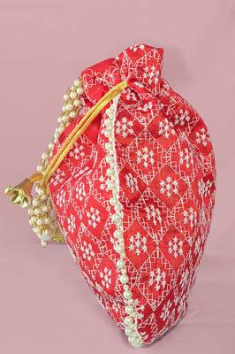 Red luxurious traditional indian silk round potli bag 4