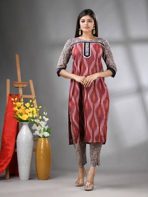 Brown cotton printed stright kurta set 1