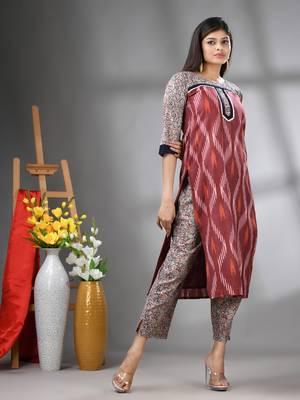 Brown cotton printed stright kurta set 2