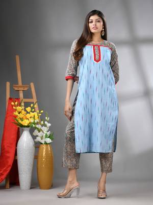 Sky blue cotton printed stright kurta set 1