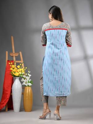 Sky blue cotton printed stright kurta set 3