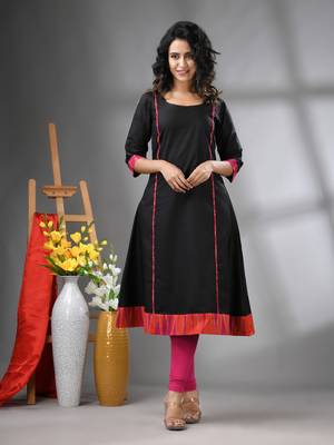 Black solid cotton a-line kurta 1