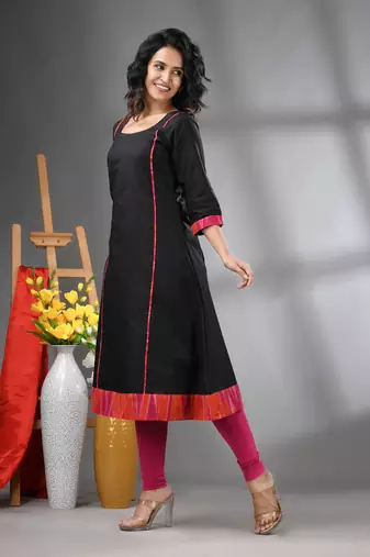 Black solid cotton a-line kurta