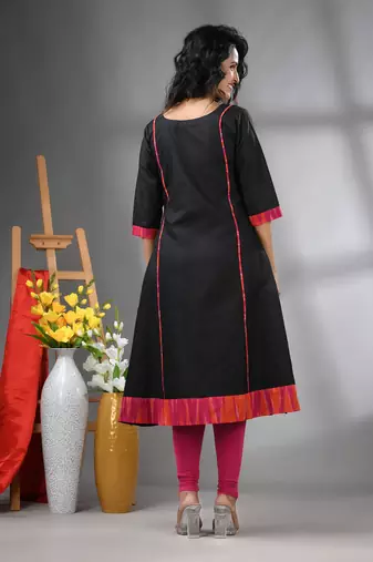 Black solid cotton a-line kurta