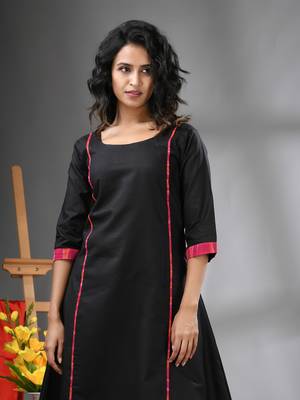 Black solid cotton a-line kurta 4