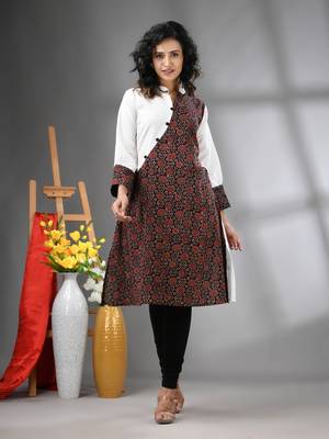 White and black ajrak printed cotton a-line kurta 1