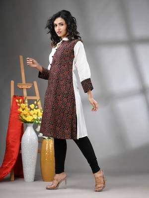 White and black ajrak printed cotton a-line kurta 2