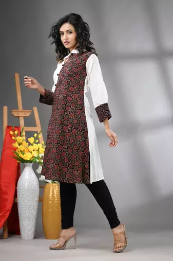 White and black ajrak printed cotton a-line kurta