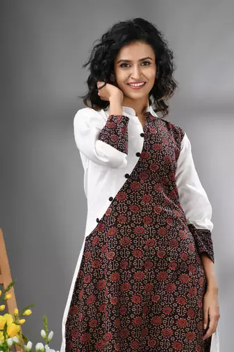 White and black ajrak printed cotton a-line kurta