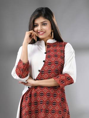 White and brown ajrak printed cotton a-line kurta 4