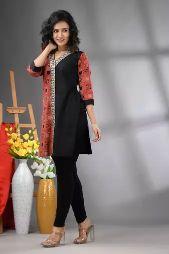 Black ajrak printed cotton stright kurta with gota patti lace