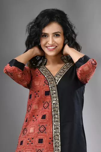 Black ajrak printed cotton stright kurta with gota patti lace