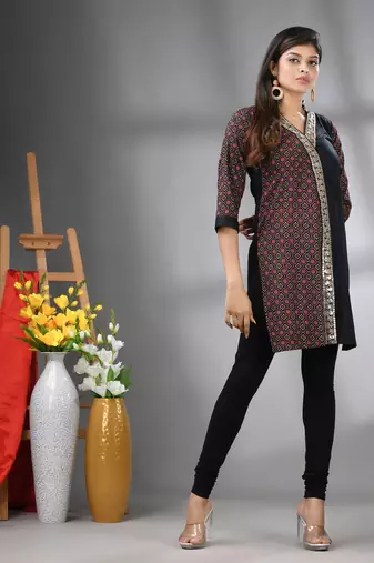 Black ajrak printed cotton stright kurta with gota patti lace