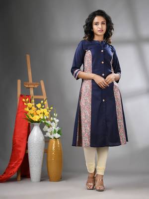 Navy blue cotton solid a-line kurta 1