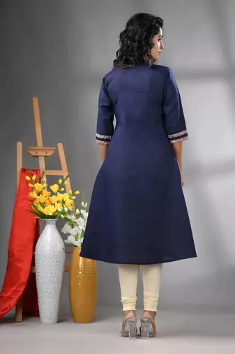 Navy blue cotton solid a-line kurta