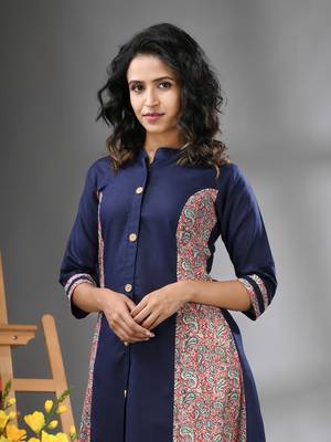 Navy blue cotton solid a-line kurta 4
