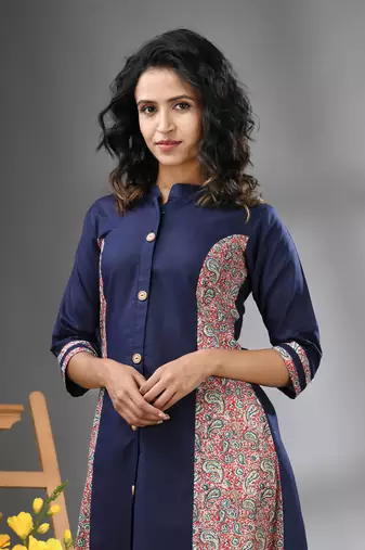 Navy blue cotton solid a-line kurta