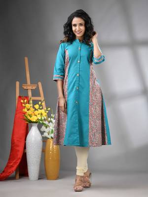 Sea green cotton solid a-line kurta 1