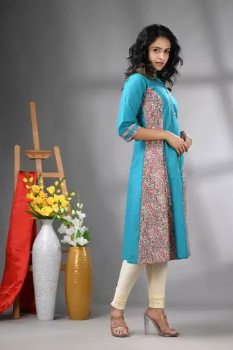 Sea green cotton solid a-line kurta