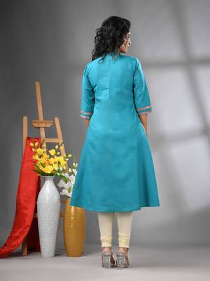 Sea green cotton solid a-line kurta 3