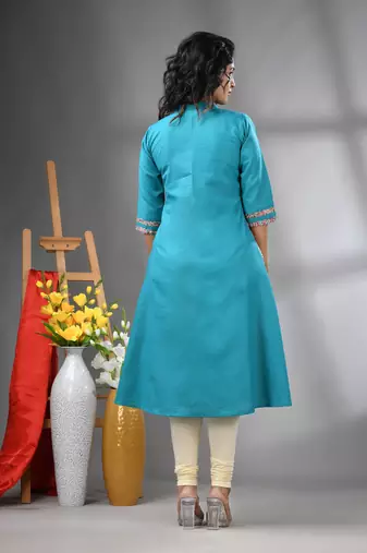Sea green cotton solid a-line kurta
