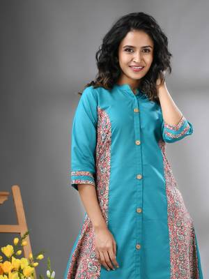 Sea green cotton solid a-line kurta 4