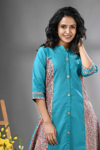 Sea green cotton solid a-line kurta