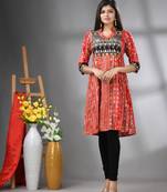 Red rayon printed a-line kurta with sequence work
