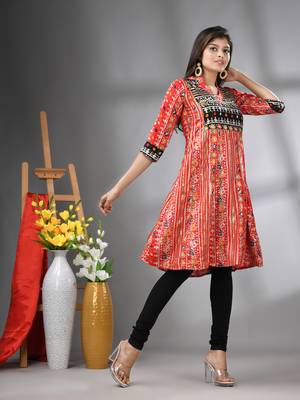 Red rayon printed a-line kurta with sequence work 2