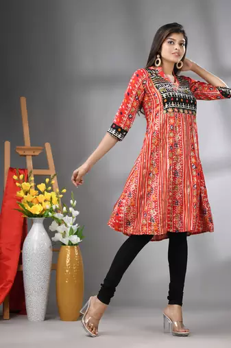 Red rayon printed a-line kurta with sequence work