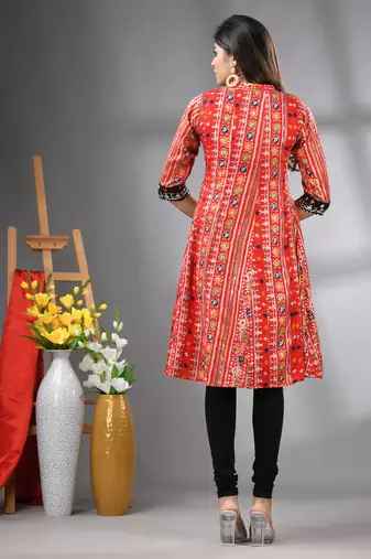 Red rayon printed a-line kurta with sequence work