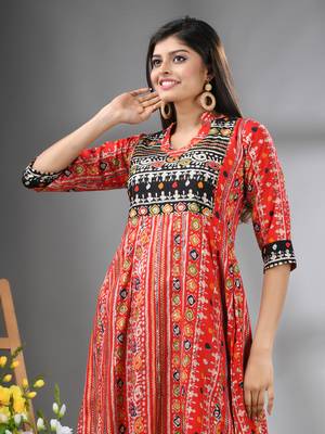 Red rayon printed a-line kurta with sequence work 4