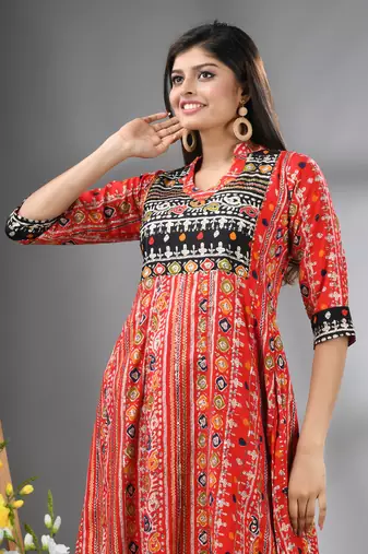 Red rayon printed a-line kurta with sequence work