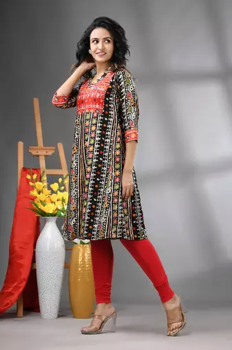 Black rayon printed a-line kurta with sequence work