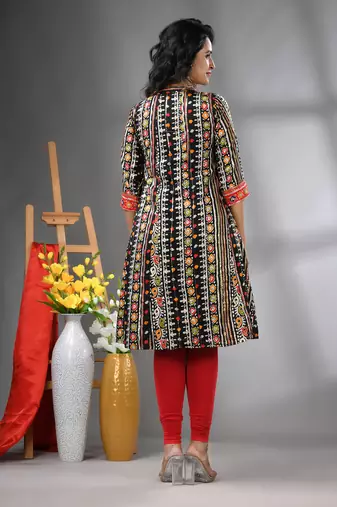 Black rayon printed a-line kurta with sequence work