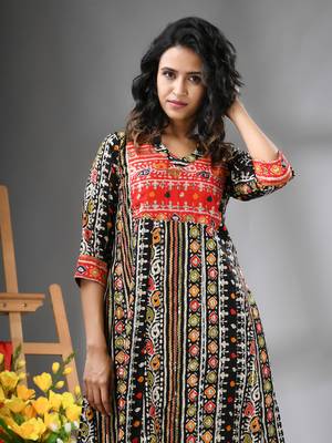 Black rayon printed a-line kurta with sequence work 4