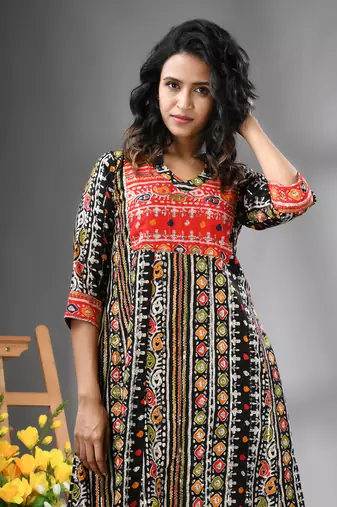 Black rayon printed a-line kurta with sequence work