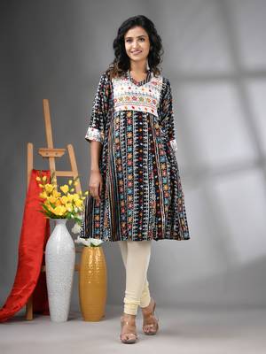 Black rayon printed a-line kurta with sequence work 1