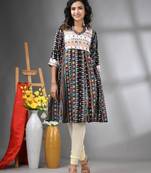 Black rayon printed a-line kurta with sequence work