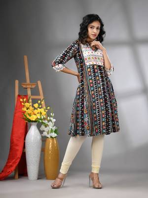 Black rayon printed a-line kurta with sequence work 2