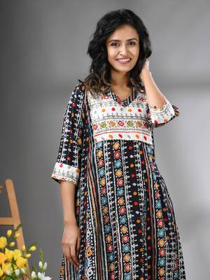 Black rayon printed a-line kurta with sequence work 4