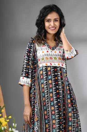 Black rayon printed a-line kurta with sequence work