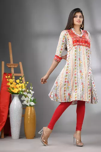 White rayon printed a-line kurta with sequence work