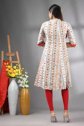 White rayon printed a-line kurta with sequence work