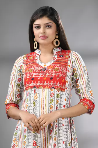 White rayon printed a-line kurta with sequence work