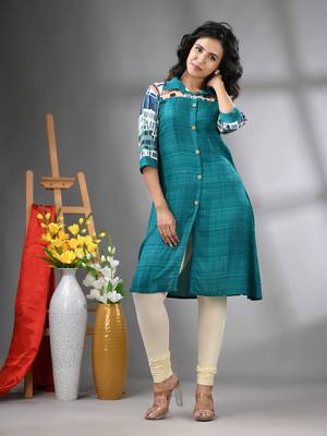 Turquoise rayon solid a-line kurta 1