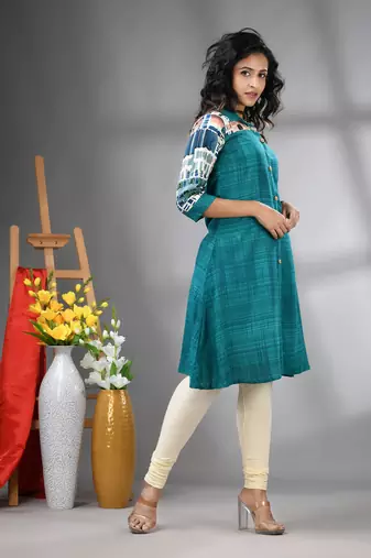 Turquoise rayon solid a-line kurta