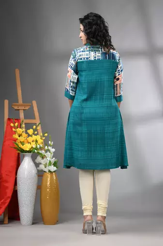 Turquoise rayon solid a-line kurta